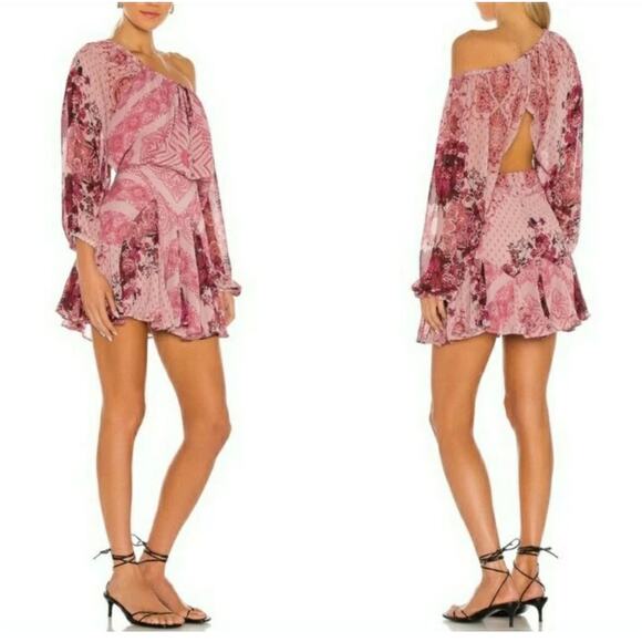Free People Seven Wonders Mini Dress Long Sleeve Dusty Rose Combo Large NWT - Picture 1 of 11
